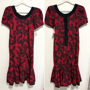 Vintage Mango Allan James Women Hawaiian Muumuu Dress 8 Red Black Lei Ruffle NWT